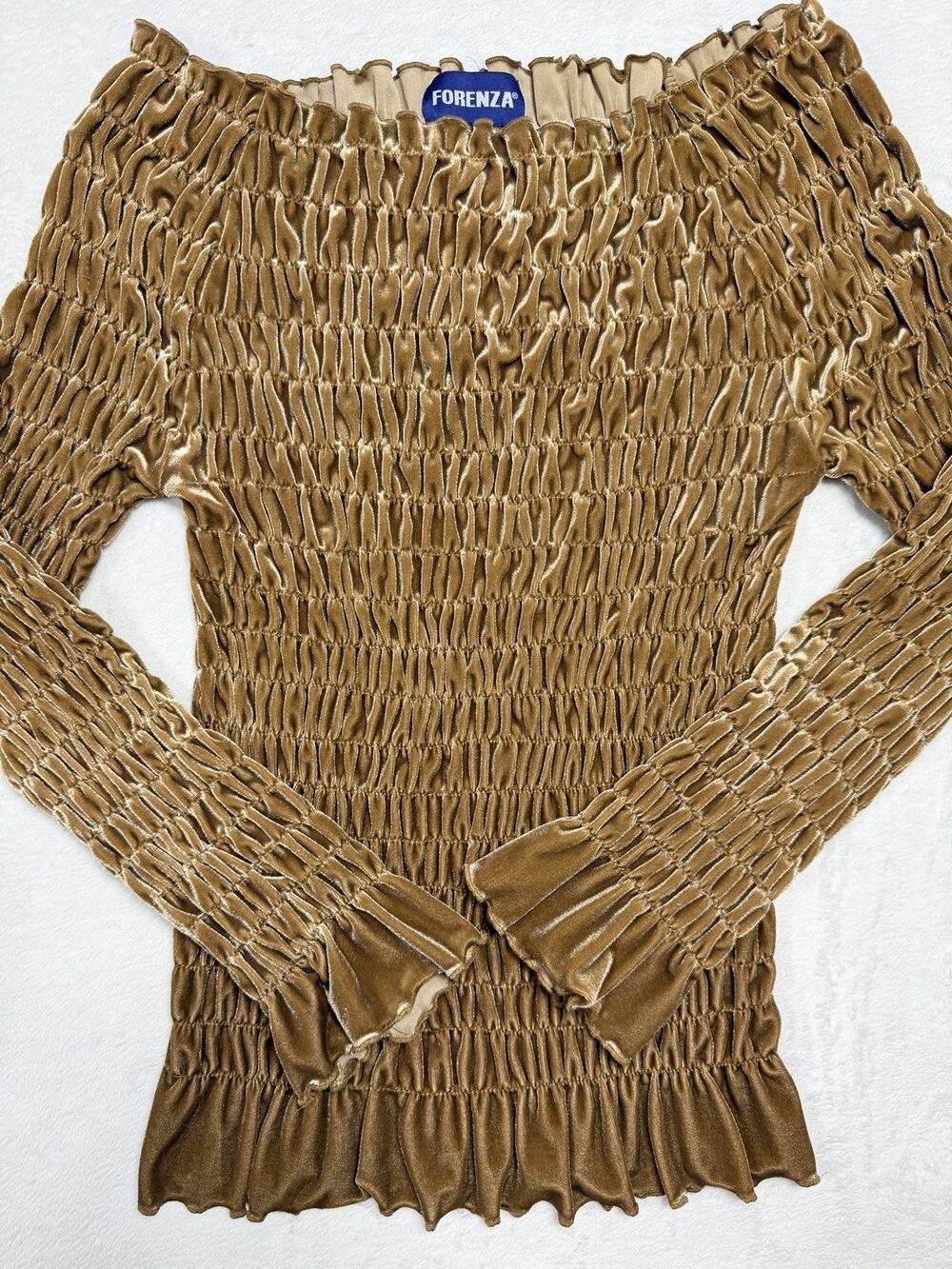 Forenza VTG Smocked Velvet Top Poly Sz Small Champagne Gold Romancore Coquette